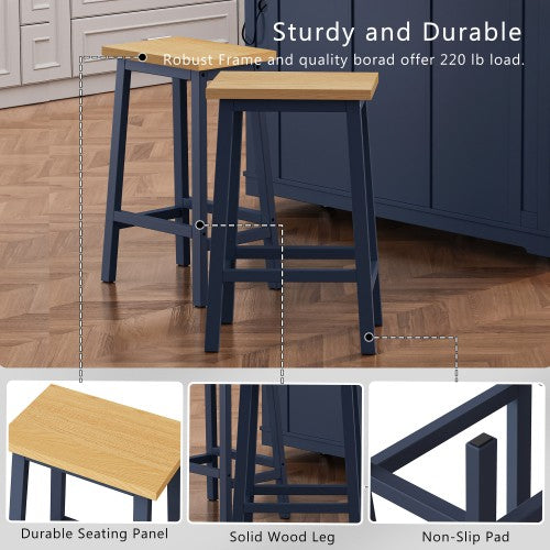 Set of 2 Navy Blue Solid Wood A-Frame Counter Bar Stools, 25.6 inch  Height, Footrest, 220lbs Capacity