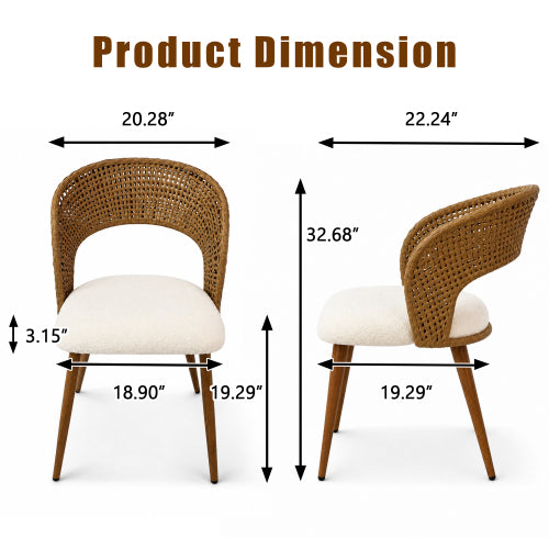 Curved PE Rattan Dining Chairs with Teddy Cushions, Set of 2, Beige/Brown