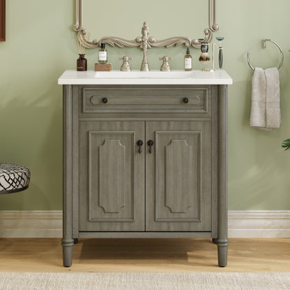 31" Vintage Bathroom Vanity with Sink, Rustic Bathroom Cabinet with Soft Close Doors and Adjustable Shelf, Curved Profile Design, Rubber Wood Legs, Gray