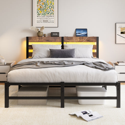 Queen Size  Metal Bed Frame with Wooden Headboard, RGB Lights,Charger, Storage Shelf, Noise-Free, No Box Spring Needed,Rustic Brown