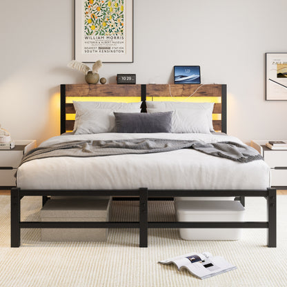 Queen Size  Metal Bed Frame with Wooden Headboard, RGB Lights,Charger, Storage Shelf, Noise-Free, No Box Spring Needed,Rustic Brown