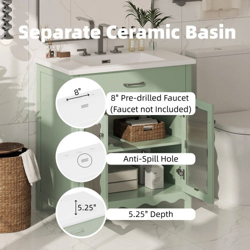 31" Bathroom Vanity with Tempered Glass, Modern Bathroom Cabinet with Rubber Wood legs and Soft close Doors, Green