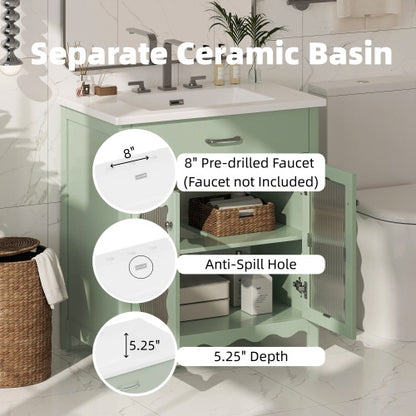 31" Bathroom Vanity with Tempered Glass, Modern Bathroom Cabinet with Rubber Wood legs and Soft close Doors, Green