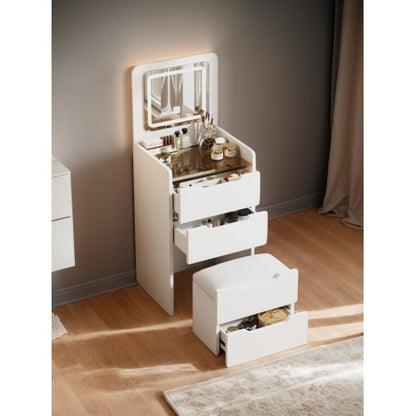 ( 48CM ) 3 in 1 Vanity Desk with Plip Top Mirror, Small Make Up Vanity Set with Visible Glass Desktop, Compact Makeup Vanity with 3 Drawers, Dressing Table for Bedroom ( WHITE COLOR )