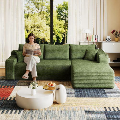 95-Inch Green Plush Corduroy U-Shaped Cloud Modular Sectional Deep-Seat Corner Sofa No-Assembly for Living-Room
