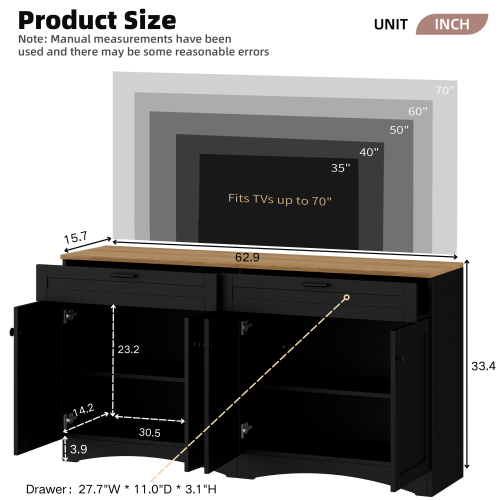 Black Farmhouse Wood Grain Top TV Stand With 2 Drawers For 70 Inch TV