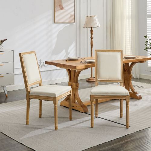 Set of 2 Beige French Louis Solid Wood Dining Chairs, Carved Frame Rattan Back 300 LBS Capacity