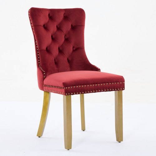 Mid-Century Modern Velvet Dining Chairs Set of 2 with Lion Head Pull Ring, Tufted Upholstered Chair, Wine Red