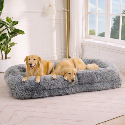 Light Gray 5-Position Adjustable Human-Size Floor Sofa Bed, Plush Faux Fur