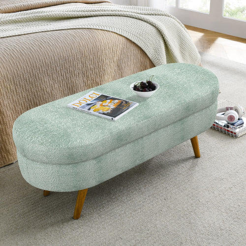 Ottoman Oval Storage Bench,Rubber Wood Legs, Gray (43.5inch x16inch x16inch ) Cyan