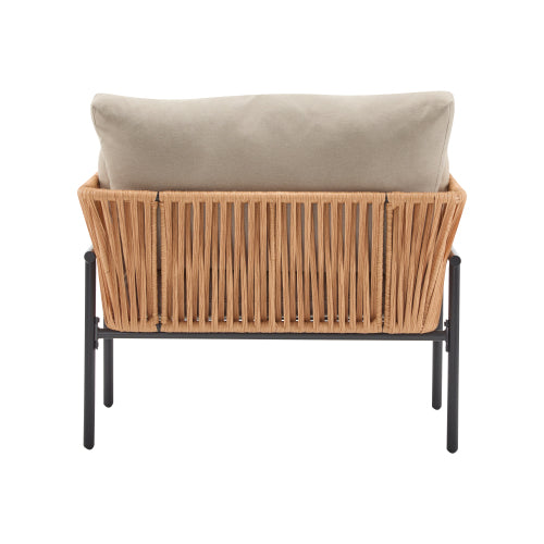 36" Beige and Light Wood-Tone Rope Iron Lounge Chair with Cushions, Perfect for Natural and Modern Spaces