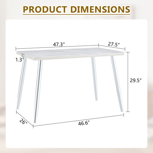 Marble Pattern Glass Dining Table with Silver Tapered Metal Legs