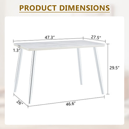 Marble Pattern Glass Dining Table with Silver Tapered Metal Legs
