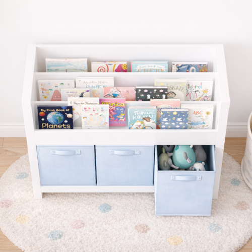 Kids Bookshelf with 3-Tier Front Storage and Fabric Toy Bins