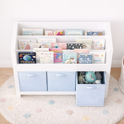 Kids Bookshelf with 3-Tier Front Storage and Fabric Toy Bins