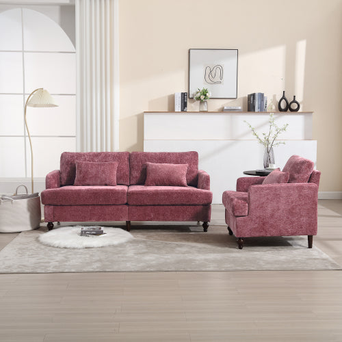 Mid-Century Modern Wine-Red Chenille 2-Seat Loveseat, Wood Legs