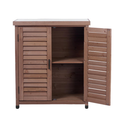 Potting Bench with Storage Cabinet and Metal Table Top for Outdoor Patio, Garden Furniture Wood Workstation Coffee 31.5x17x36''