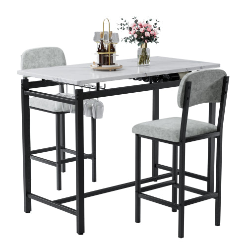 3-Piece Marble Finish Dining Set, Black Table & 2 Grey PU Upholstered Chairs