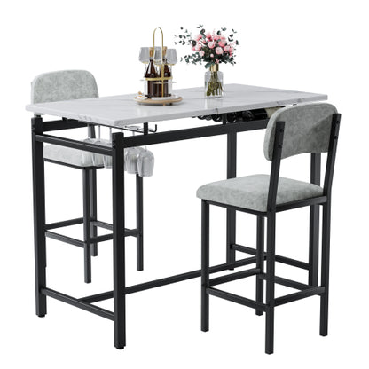 3-Piece Marble Finish Dining Set, Black Table & 2 Grey PU Upholstered Chairs