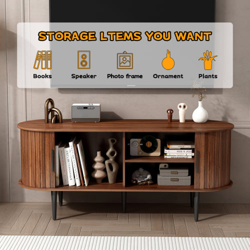 Walnut Modern Sliding Door TV Stand 47 Inch Living Room Entertainment Console Table