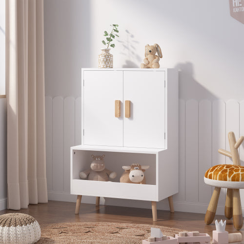 Kids Toy Storage Cabinet with Doors and Open Shelf White