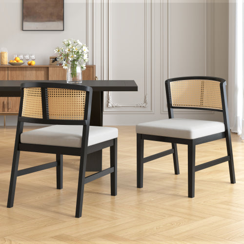 Set of 2 Rattan Dining Chairs with Upholstered Seat, Curved Rattan Back and Rubber Wood Frame, Black
