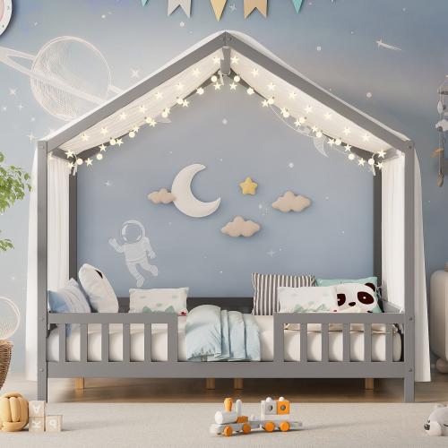 Montessori Floor Bed with Canopy, Full Bed Frame for Kids, House Shape Toddler Bed Frame with High Railings, Wood Kids Bed with Roof, Kid Full Bed, Grey