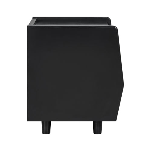 Black Nightstand with Rattan Detail, MDF + Solid Wood, Modern Bedroom Storage, Open Shelf & Drawer, Indoor Furniture
