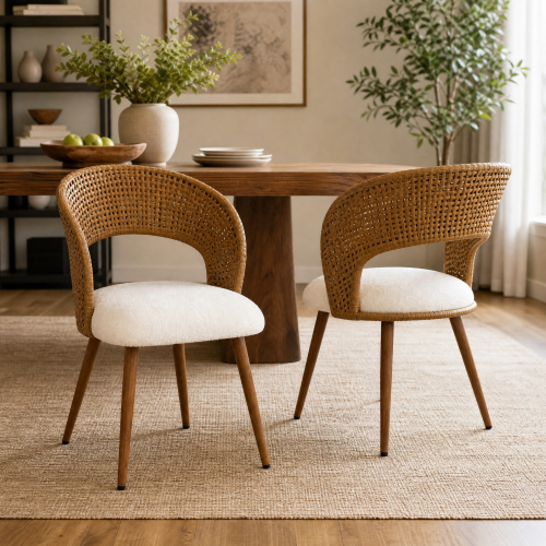 Curved PE Rattan Dining Chairs with Teddy Cushions, Set of 2, Beige/Brown