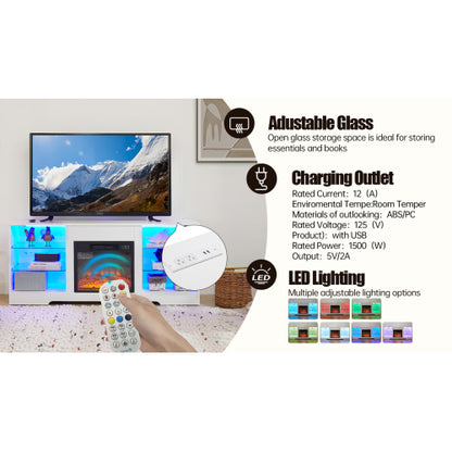 58 Inch White Electric Fireplace TV Stand 3D Color LED Light Media Cabinet with USB Power Outlet for 65 Inch TV