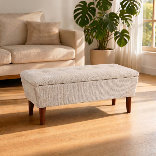 42 inch Linen Ottoman Bench with Solid Wood Legs, Modern Footrest Stool