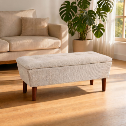 42 inch Linen Ottoman Bench with Solid Wood Legs, Modern Footrest Stool
