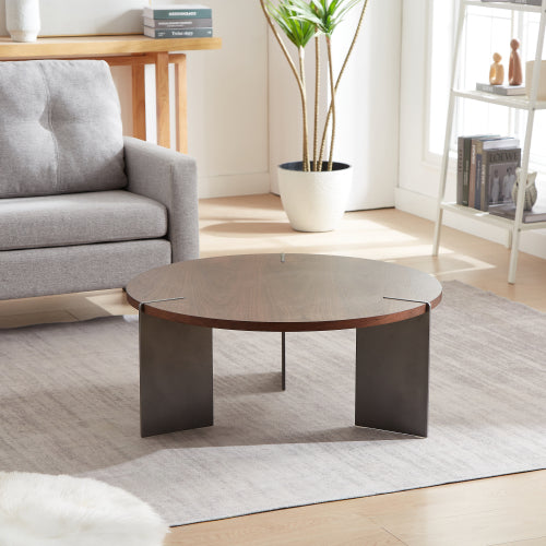 Round Coffee Table, Walnut Wood Top with Black Metal Feet, Eco-Friendly Formaldehyde-Free Accent Table
