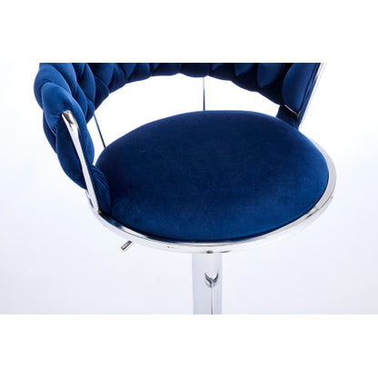 Set of 2 Bar Stools,with Chrome Footrest and Base Swivel Height Adjustable Mechanical Lifting Velvet + Chrome  Leg Simple Bar Stool-BLUE