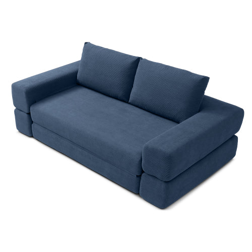 81 inch  Blue Corduroy 3-in-1 Boneless Convertible Floor Sofa-Bed with Pillows