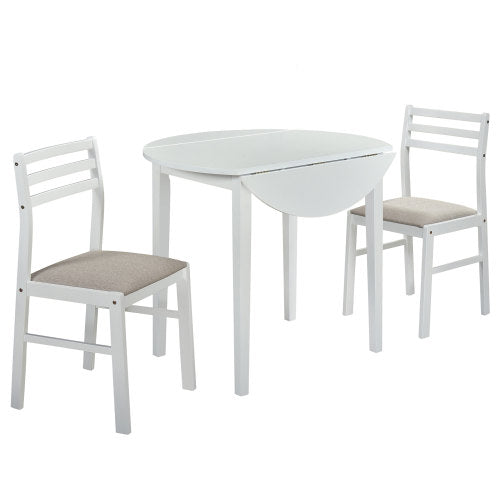 3-Piece White Round Drop Leaf Dining Set, Plywood Table & 2 Taupe Ladder Back Chairs