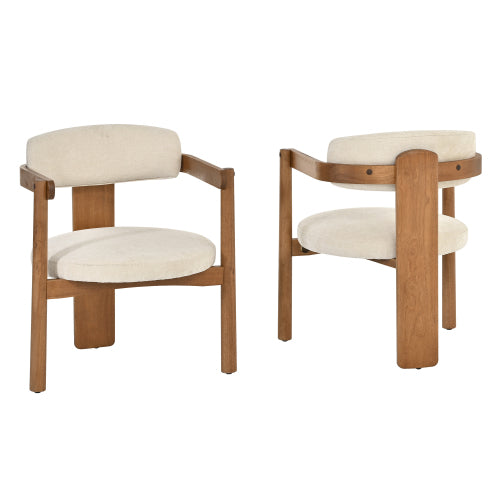 Dining Chairs Set of 2, Dark Brown & Beige Upholstered Mid-Century Arm Chairs