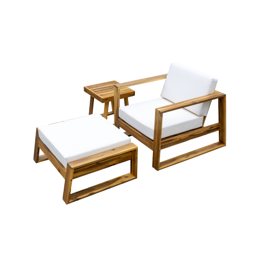 U_STYLE Acacia Wood Outdoor Lounge Set - Chair and Ottoman with Removable Cushions