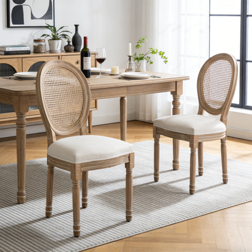 Rattan Back Wood Dining Chairs with Linen Seats, Set of 2, Beige
