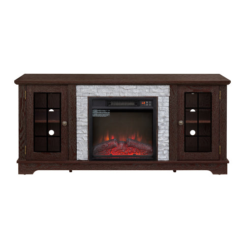 58 Inch White Faux Stone Electric Fireplace TV Stand 18 inch Heater Media Console Fits 65 Inch TV