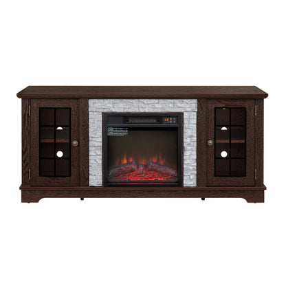 58 Inch White Faux Stone Electric Fireplace TV Stand 18 inch Heater Media Console Fits 65 Inch TV