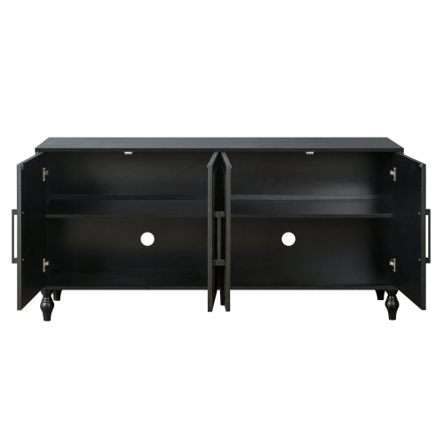 Black Carved Flower Door Storage Cabinet Metal Handle Large Hall Console TV Stand