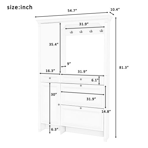 54.7 inch Hall Tree with Integrated Shoe Cabinet and Mirrored Cabinet Door, Coat Hanger, Entryway Bench, 4-in-1 Design, 2 Flip Drawers, 4 Hooks and 2 Cabinets for Entrance,Living Room