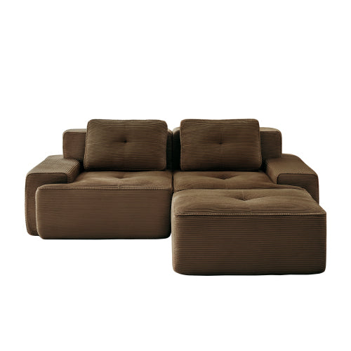 82-Inch Brown Corduroy L-Shaped Modular Sectional Tufted Sofa with Movable Ottoman No-Assembly