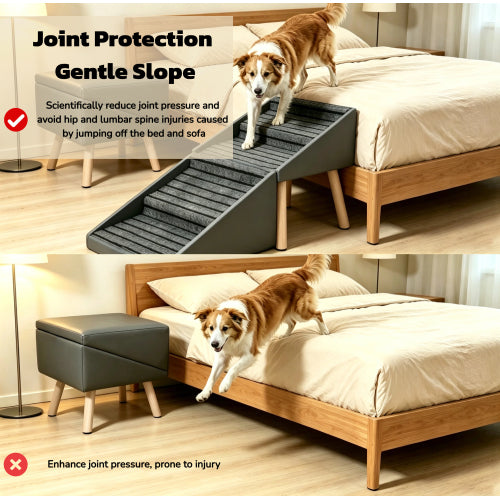 Grey 2-in-1 Foldable 4-Step Dog Ramp Ottoman 19.69 inch, Foldable Footstool for Small Dogs