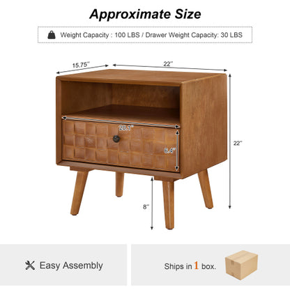 Mid-Century Modern Wood Nightstand with Carved Drawer