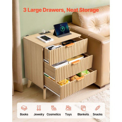 Khaki Mid-Century Fluted Nightstand with Charging Station