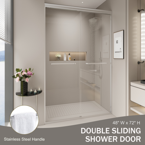 44-48 in. W x 72 in. H Double Sliding Shower Door, Semi-frameless Bypass Bathroom Sliding Door with 1/4" (6mm) Tempered Glass for Walk-in Shower, Brushed Nickel 24D03-48BNX