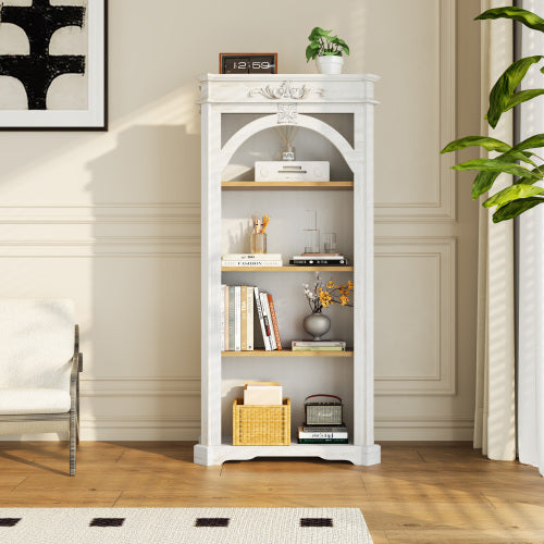 65-Inch Antique White 4-Tier Tall Bookcase for Living Room Office