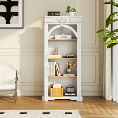 65-Inch Antique White 4-Tier Tall Bookcase for Living Room Office